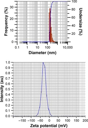 Figure 3 Particle size distribution and zeta potential graphs of PLGA-RIF nanoparticles.Abbreviations: PLGA; poly lactic-co-glycolic acid; RIF, rifampicin.