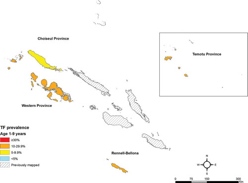 Figure 2. Trachomatous inflammation – follicular (TF) prevalence in children aged 1–9 years, Global Trachoma Mapping Project, Solomon Islands, September–November 2013. Shapefile source: Global administrative areas (gadm.org).