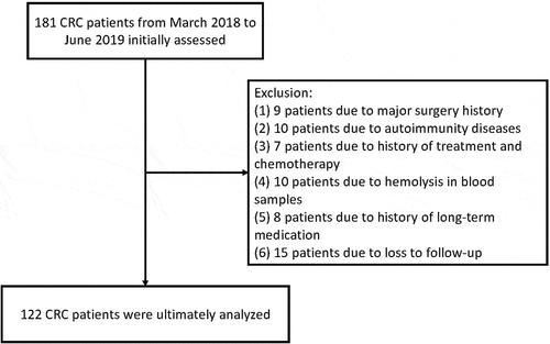 Figure 1. Flow chart showing the screening criteria used for the selection of eligible patients with colorectal cancer. In the course of the study, 181 patients were initially selected and finally 122 (66.9%) met the screening criteria. CRC, colorectal cancer