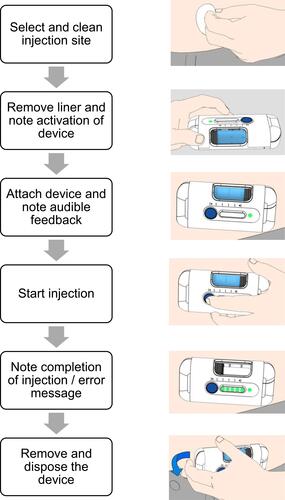 Figure 2 User steps required to perform a simulated injection with the large-volume patch injection device.