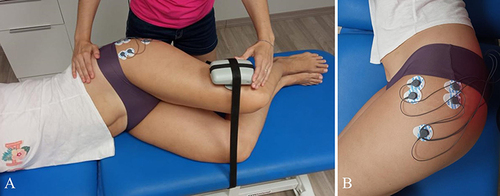 Figure 2 Electrode positioning for EMG evaluation (A). Dynamometry during Hip abduction (B).