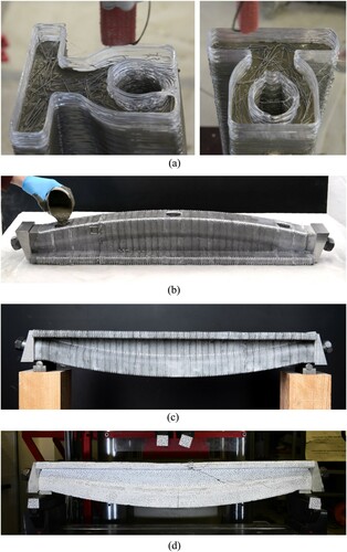 Figure 14. Different steps from fabrication to testing of the optimised beam: (a) Impressions from the production process and the fibre alignment; (b) Grouting of the void; (c) The final beam; (d) Failed beam after testing.
