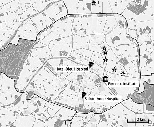 Figure 1. Map of the area affected in the Paris attacks and the locations of the hospitals and the Forensic Institute that were involved in the investigation.1. Stade de France, Saint-Denis; 2. Rue Alibert et Rue Bichat; 3. Rue de la Fontaine au Roi; 4. Bataclan theatre; 5. Rue de Charonne; 6. Boulevard Voltaire.