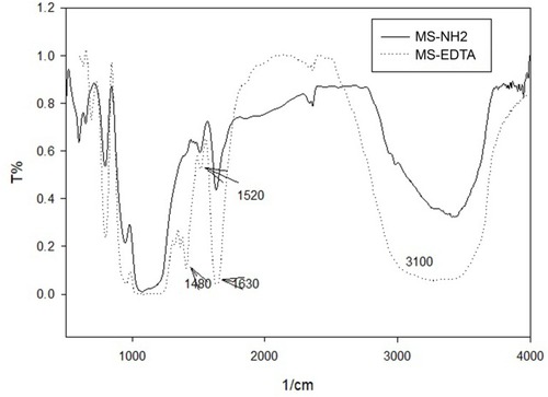 Figure 2 FT-IR spectroscopy of MS-NH2 and MS-EDTA.Abbreviations: FT-IR, fourier transform infrared; MS-EDTA, ethylenediaminetetraacetic acid modified mesoporous silica.