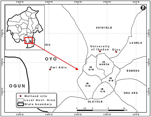 Figure 1. Map of Oyo state southwest Nigeria showing the wetland sites.