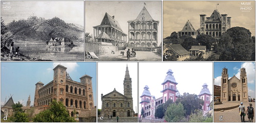 Figure 3. The Antananarivo Upper Town Cultural Heritage buildings: Rova palace complex lithographs and historical pictures (a–c; Courtesy of IMV-Institut des Métiers de la Ville-Tana City Lab; https://www.imvtana.org); current picture of the rebuilt structure following the 1995 fire; Rova palace (d), royal chapel (e). Andafiavaratra palace (f); Andohalo Cathedral (g). Source: Author