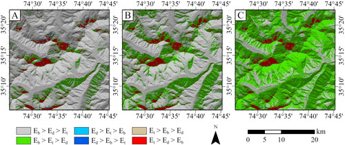 Figure 7. Spectral irradiance partitioning patterns over the Nanga Parbat landscape. A. Pattern distribution in the green spectral region (0.56141 µm). B. Pattern distribution in the red spectral region (0.65459 µm). C. Pattern distribution in the NIR spectral region (0.86467 µm).