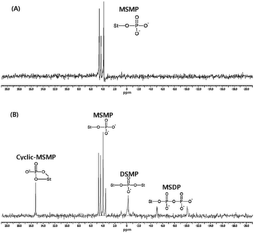 Figure 2. 31P-NMR spectra of native (a) and cross-linked potato starch (CLPS) prepared with 5% STMP/STPP concentration (b).
