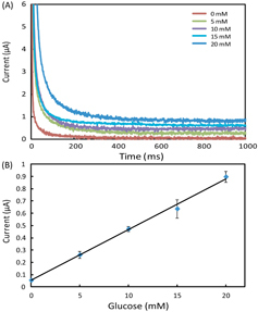 Figure 3. (A) Chronoamperometric curves and (B) the calibration plot for measurement of glucose in AU. The solid line in (B) represents a linear fit to experimental data with regression equation: y = 0.041x + 0.054 (R2 = 0.996, n = 5).