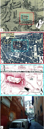 Figure 6. Location and geometry of the Monte Giordano hill: in the map drawn by Lucio Fauno in 1548 (a); in the geologic map by CitationBrocchi (1820) (b); in the archaeological map by CitationLanciani (1893-1901) (c); in a present-day street photo at the entrance of vicolo del Montonaccio (d), whose location is marked in the archaeological map.