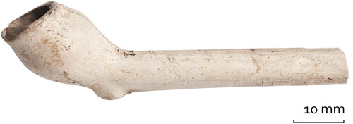 FIG. 20 First-generation clay tobacco pipe from the land reclamation dumps of Vlooienburg, predating 1595-1597/1601 (WLO-155-235) (photograph, Ron Tousain, Monuments and Archaeology, City of Amsterdam). 