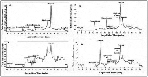 Figure 2. LC-MS/MS total ion chromatograms of phenolic compounds (A: jujube, B: oleaster, C: jujube seed, D: oleaster seed)