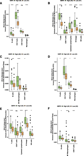 Figure 4 The association between the GBP5 and immune cells. The differences in immune cells estimated by EPIC (A), MCPcounter (B), and quanTIseq (C) between the GBP5-High and GBP5-Low SCLC in the George-SCLC. The differences in immune cells estimated by EPIC (D), MCPcounter (E), and quanTIseq (F) between the GBP5-High and GBP5-Low SCLC in the Jiang-SCLC. *P < 0.05, **P < 0.01, ***P < 0.001, ****P < 0.0001.