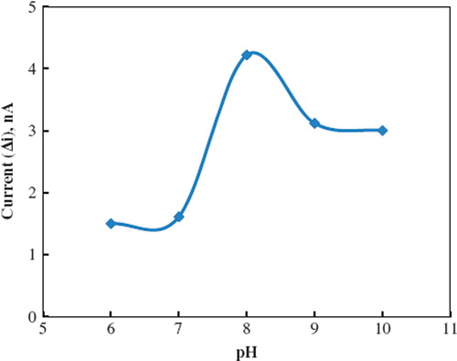 Figure 3. The effect of pH on the response of the biosensor (in the phosphate buffer containing 1.0 × 10−6 M phenol, operating potential is −0.09 V, 30°C).