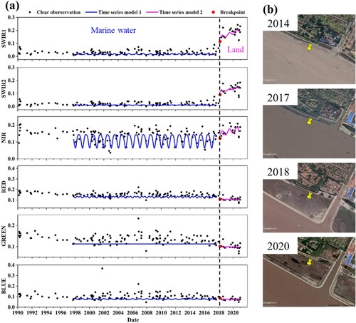 Figure 4. Illustration of the COLD algorithm. A pixel (31.7553°N,121.59°E) has undergone LULC change once from marine water to land over the past three decades. (a) LULC changes identified through the COLD algorithm. (b) LULC changes observed on high-resolution images from Google Earth Pro.