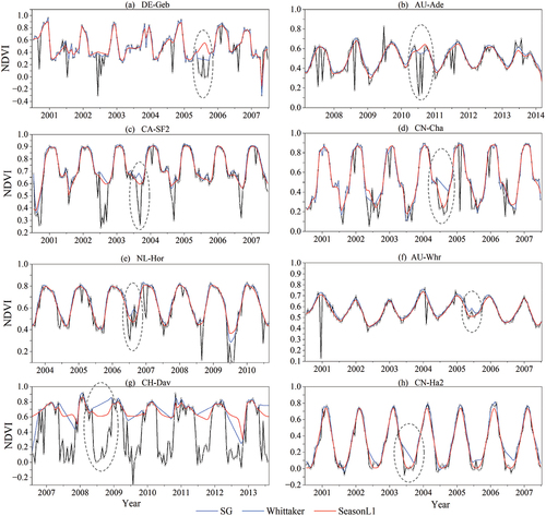 Figure 7. Comparison of interannual NDVI time series with different filtering methods. The gray elliptical region is the period during which the two methods show great differences.