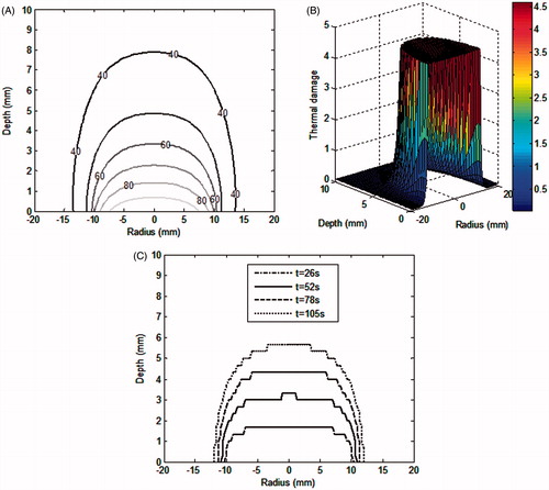 Figure 3. (A) Contour plot for thermal ablation temperature, (B) spatial profile of the thermal damage, at the end of irradiation duration of 105 s. (c) Contours for thermal damage zone (Ω = 4.6) at various time instants during irradiation. Irradiation intensity is 1 W/cm2 for 105 s. GNR volume fraction is 0.001%. Perfusion data is as per Table 1 for the case of low perfusion. Constant blood perfusion is assumed (i.e. not varying with time).