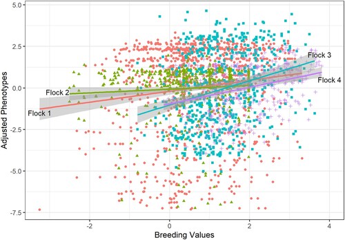 Figure 4. Forward-validation of shedding breeding values (BVs). Adjusted phenotypes versus BVs in the validation flocks. Regression lines, with 95% confidence bands, show best fit within flock.