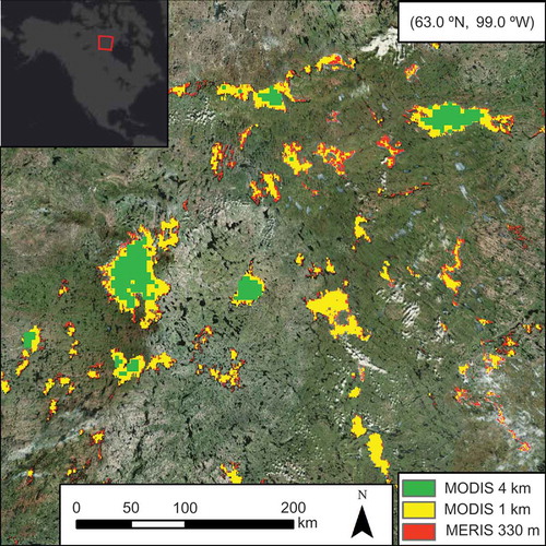 Figure 1. Example of the area of surface water retrieved by the MODIS L3 4 km product (represented in green) and the additional areas gained by using the MODIS 1 km composite (in yellow) and MERIS FRS imagery (in red) for an area in the Canadian Shield (centre of image 63.0° N, 99.0° W). MERIS retrieves the most information (green + yellow + red areas). The inset map at top left indicates the location of the example area.