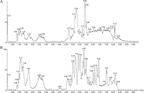 Figure 1. BPI chromatograms of the chemical composition of DHJS based on UPLC-Q-TOF-MS. (A) BPI of DHJS in the ESI+ mode. (B) BPI of DHJS in the ESI- mode.