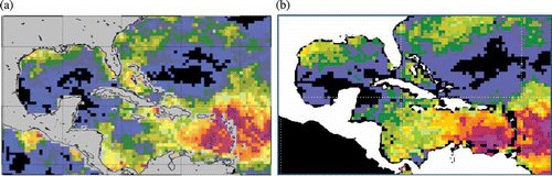 Figure 7. CRW's Caribbean Sea DHWs for October in (a) 2005 and (b) 2010 – for scale see Figure 4.