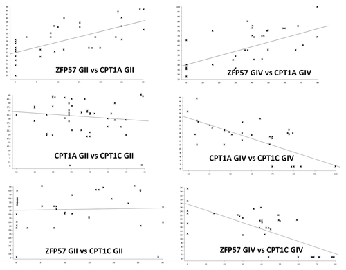 Figure 2. Regression curves of gene expression analysis. Each graph shows the correlation between two genes in GII and GIV cohorts of patients. Data on equations are in Table 2.