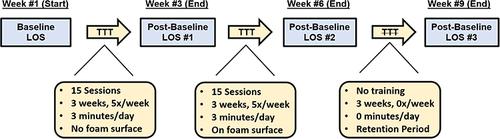 Figure 2 Total 9-week experiment TTT timeline indicating the time requirement and number of sessions, as well as the presence of TTT between Baseline and Post-Baseline LOS tests.