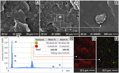 Figure 14. (A) PP/TiN 1.0 wt. % at 1000× magnification (B) PP/TiN 6.0 wt. % at 1000× magnification, (C) PP/TiN 6.0 wt. % at 30,000× magnification, (D) EDS analysis of PP/TiN 6.0% obtained from a region containing an agglomeration of TiN nanoparticles, and (E), (F) EDS mapping of Ti and C elements distribution in the nanocompound, correspondingly.