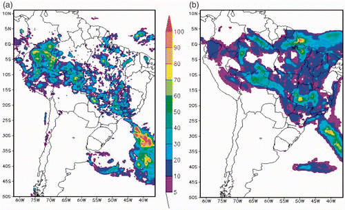 Figure 3. (a) Accumulated precipitation for 24 h (mm) on 21 February 2004 estimated by TRMM satellite, applying 3B42_RT algorithm and (b) simulated precipitation by BRAMS (mm) using ENS approach for the same day.