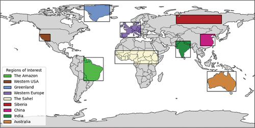 Figure 1. Regions of interest across Earth used in this study of LST anomalies and their associated uncertainty budget. The ROIs are defined and identifiable by the latitude and longitude used in the MYDCCI data extractions. Going clockwise from left to right, the study regions include the Amazon, Western United States of America (U.S.A.), Greenland, Western Europe, the Sahel, Siberia, China, India, and Australia. An LST anomaly time series and uncertainty budget was produced for each region.