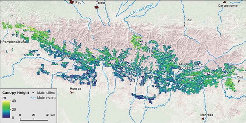 Figure 2. High-resolution (20 m) canopy height grid of the Spanish Pyrenees as derived from the Spanish Airborn LiDAR plan (PNOA). Canopy height was higher at both ends of the Pyrenees, where the sea influence softens the climate and allows the presence of tree species such as fir or beech