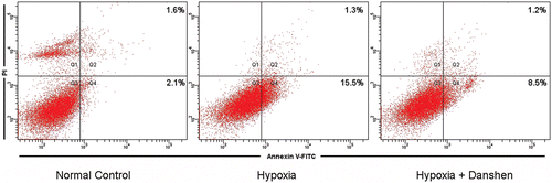 Figure 8.  Flowcytometry analysis of cardiomyocytes in different treatment group. The apoptosis rates of cardiomyocyte in different treatment group were quantified by FACS analysis after staining with Annexin V and propidine iodide (PI). The data are from a representative experiment repeated three times with similar results.