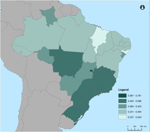 Figure 3. Regional development index (RDI) in Brazil in 2008.Source: IBGE, RAIS and Ipeadata; authors’ calculations.