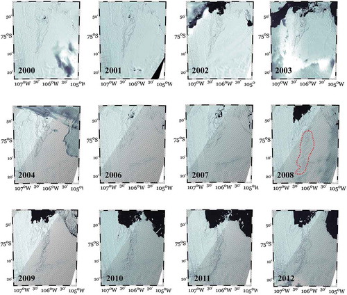Figure 2. Landsat 7 ETM+ images from 2000 to 2012, shown by the black dotted box in Figure 1a. The hatched pattern is the result of the failure of the Scan Line Corrector (SLC) of Landsat in 2003, according to the statement from the United States Geological Survey.