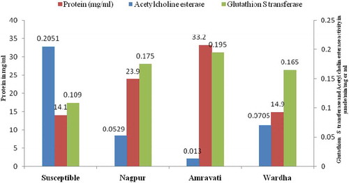 Figure 1. GST, protein and AChE levels in Aphis gossypii populations from Nagpur, Amravati and Wardha districts during 2015–2016.