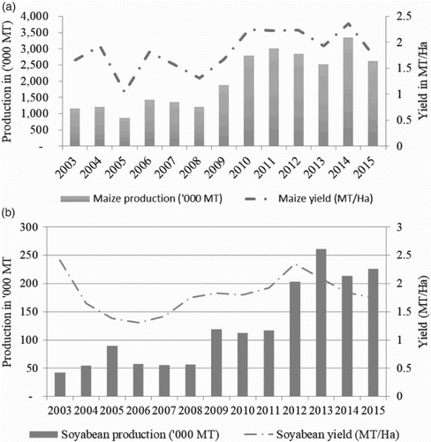 Figure 4. Trends in maize and soya bean yields and production.Source: Central Statistical Office Crop Forecast Surveys (2003–2015).