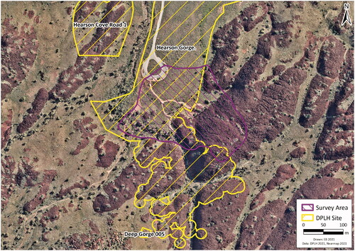 Figure 3. Nganjarli 2019 survey area in relation to Hearson Gorge and other sites registered with the Department of Planning Lands and Heritage (DPLH).