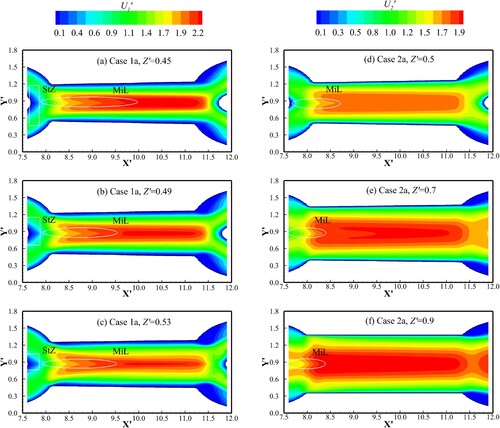 Figure 3. Time-averaged flow velocity distribution at three different slices over z-direction in the confluence-bifurcation unit: (a)∼(c) case 1a, (d)∼(f) case 2a. The flow direction is from the left to the right. StZ = Stagnation Zones, MiL = Mixing Layer. X’ = x/B, Y’ = y/B, Ui’ = Ui/Uti, Ui denotes the time-averaged streamwise flow velocity in case series i (i = 1,2), Uti denotes the cross-section-averaged streamwise flow velocity in case series i, Ut1 = 0.385 m/s, for case 2a Ut2 = 0.714 m/s.
