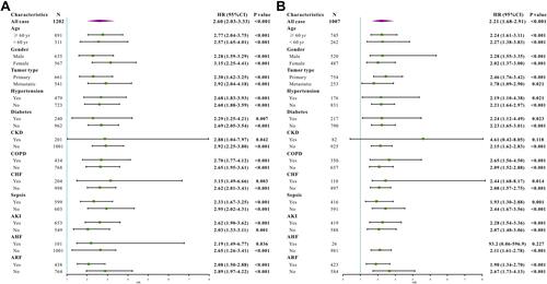 Figure 3 Subgroup analysis for hazard ratio of lung cancer patients with BAR ≥ 6.8mg/g versus BAR < 6.8mg/g in different groups in the original cohort (A) and in the validation cohort (B).