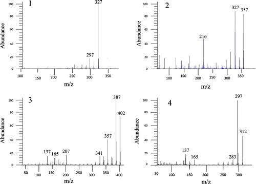 Fig. 2. Mass spectra of the isolated compounds. Mass patterns of compounds 1–4 are shown. Compounds 1–2 and compound 3–4 were analyzed by GC/MS and LC/MS, respectively.