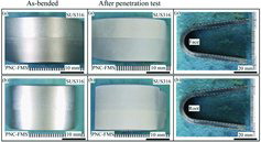 Figure 11. Appearance of specimens after bend tests: (a) the longitudinal face bend specimen for dissimilar butt weld and (b) the longitudinal root bend specimen for dissimilar butt weld.