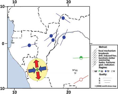 Figure 23. World stress map (2008) and second stress stage reported in the study zone. (Map from www.world-stress-map.org).