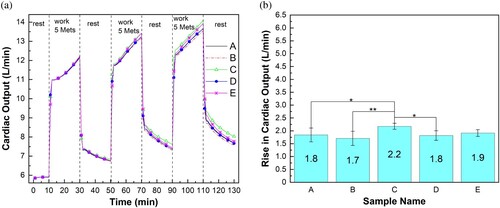 Figure 8. (a) Predicted cardiac output and (b) rise of predicted cardiac output at the end of the protocol in 25 °C, 65% RH environment. *p < 0.01 (significant); **p < 0.001 (extremely significant). Note: error bar = 99% confidence interval of the mean; Met = metabolic equivalent; RH = relative humidity.