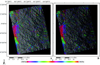 Figure 7. The results of the orthorectified interferogram (January (left) and December (right) 2009).