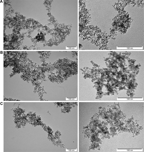 Figure S1 Transmission electron microscopic images of nanoparticles.Note: Images of diamond nanoparticles (A), graphite nanoparticles (B), and graphene oxide (C).
