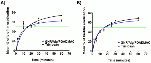 Figure 7 Time point assay for eradication of biofilms. (A) GNR/Alg/PDADMAC takes a slightly longer time (16.5 min) to achieve 50% MRSA biofilm eradication (MBEC50) compared to triclosan (12 min) but at a significantly lower concentration (0.00015 µM GNR/Alg/PDADMAC vs 50 µM triclosan). Meanwhile, (B) GNR/Alg/PDADMAC takes a similar time span (17 min) to achieve 50% MSSA biofilm eradication (MBEC50) compared to triclosan (16.5 min) but at a significantly lower concentration (0.00015 µM GNR/Alg/PDADMAC vs 50 µM triclosan). Green line indicates MBEC50. Data are represented as mean ± SD (n = 3).