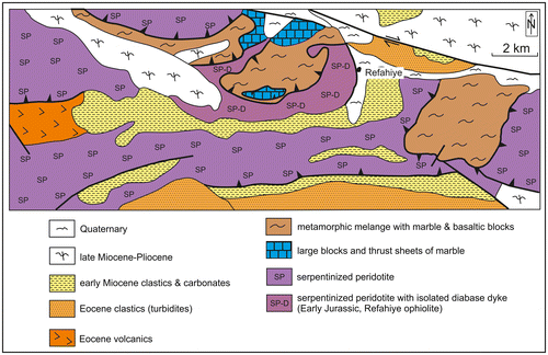 Figure 23. Outline tectonic map showing the relationship of the Refahiye ophiolite to adjacent units (Figure 3) (Compiled from MTA, Citation2002 and this study.). Serpentinised peridotite, cut by diabase dykes, is overthrust by a large sheet of Jurassic metamelange, which includes a large marble unit. The area is transected by the North Anatolian Transform Fault in the northeast. The map highlights the westward extension of the Refahiye Ophiolite and the presence of metamorphic melange (locally dated as Jurassic), intersliced with ophiolitic rocks (see Topuz et al., Citation2013).