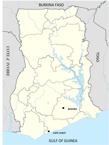 Figure 1 The map of Ghana showing the two study sites (black dot) within different ecological zones: Begoro in the forest area and Cape Coast in the coastal savanna area.