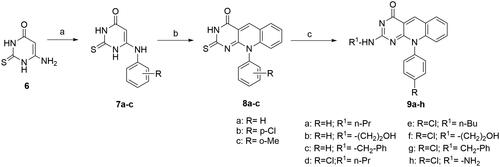 Scheme 3. General method for the preparation of 10-aryl-2-deoxo-2-thioxo-5-deazaflavins (8a–c) and 2-(substituted amino)-10-aryl-2-deoxo-5-deazaflavins (9a–h). Reagent and conditions: (a) arylamine, anilinium chloride, 170 °C, 9 h; (b) o-bromo-benzaldhyde, DMF, 110 °C, 1.5–2 h; (c) primary aliphatic amine, EtOH, reflux, 5–7 h.