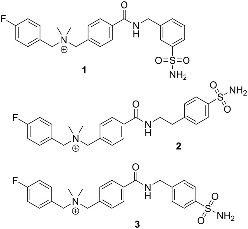 Figure 2. Chemical structures of three cationic carbonic anhydrase IX inhibitors evaluated in this study.